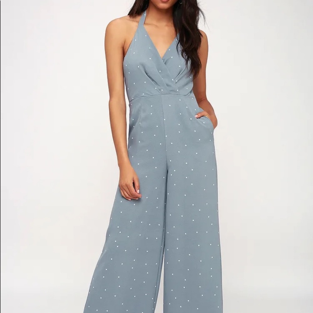 LULUS Blue Polka Dot Halter Wide-Leg Jumpsuit